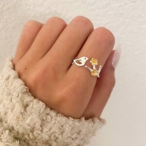 925 Sterling Silver & Gold Two Tone Ring Bird & Flower Minimalist Stackable Ring